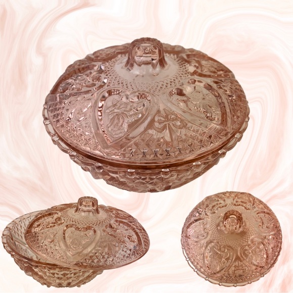 Vintage Rose Pink Indiana Pressed Glass Candy Bowl w/Lid Roses And Heart Design - Picture 2 of 2